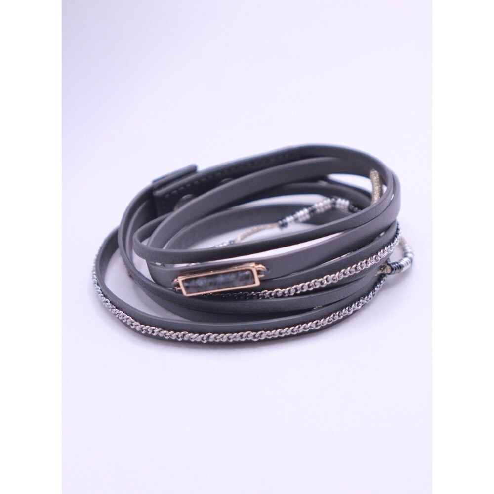 Stella & Dot Grey Leather Wrap Bracelet Silver Chain Bead Stone Snap Closure